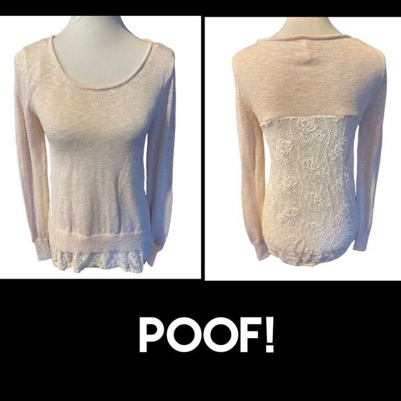 Poof!  Champagne Color Scoop Neck Long Sleeve Lightweight Knit Sweater with Rose - Picture 1 of 10